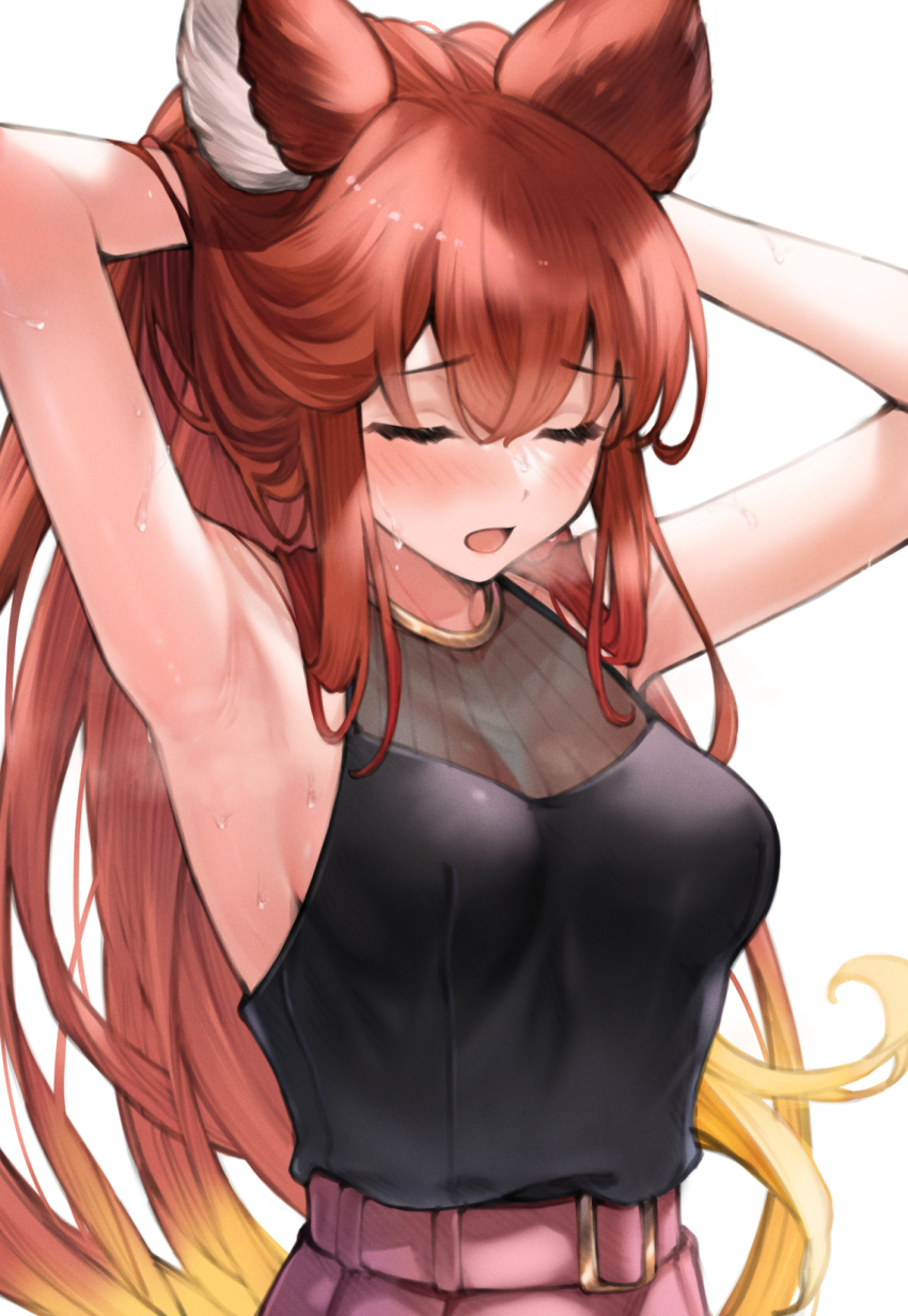 1girl adjusting_hair animal_ears anthuria armpits arms_behind_head arms_up bare_arms blonde_hair blush breasts closed_eyes commentary_request erune gradient_hair granblue_fantasy hair_between_eyes highres koretsuki_azuma multicolored_hair open_mouth red_hair shirt_tucked_in simple_background sleeveless solo steaming_body sweat upper_body white_background