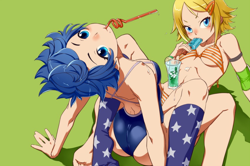 2girls ass barefoot bikini blonde_hair blue_eyes blue_hair blush competition_swimsuit drinking_straw eating elbow_pads enko_momoda food glass hair_ornament kamishiro_sui kneehighs leaning_back looking_at_viewer looking_back mouth_hold multiple_girls nonohara_hime one-piece_swimsuit popsicle short_hair sitting smile socks star_(symbol) star_print starry_sky_print straddling striped_bikini striped_clothes swimsuit tokyo_7th_sisters wariza water yuri