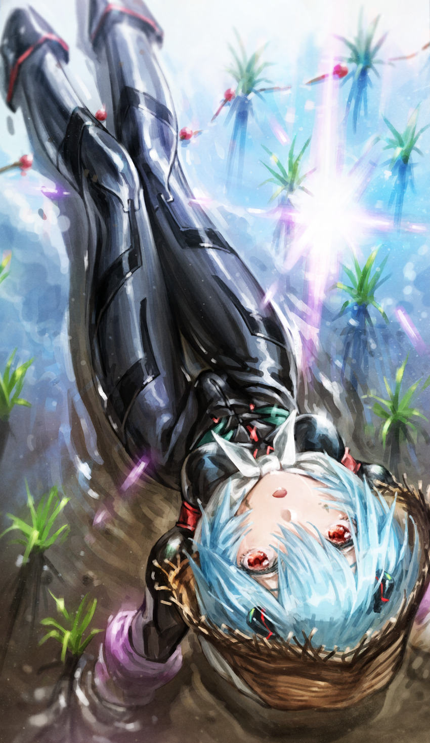 1girl aqua_hair ayanami_rei black_bodysuit bodysuit boots evangelion:_3.0_you_can_(not)_redo feet_out_of_frame hair_between_eyes highres lain looking_at_viewer neon_genesis_evangelion parted_lips partially_submerged plant plugsuit rebuild_of_evangelion red_eyes reflection ripples rubber_boots short_hair solo water