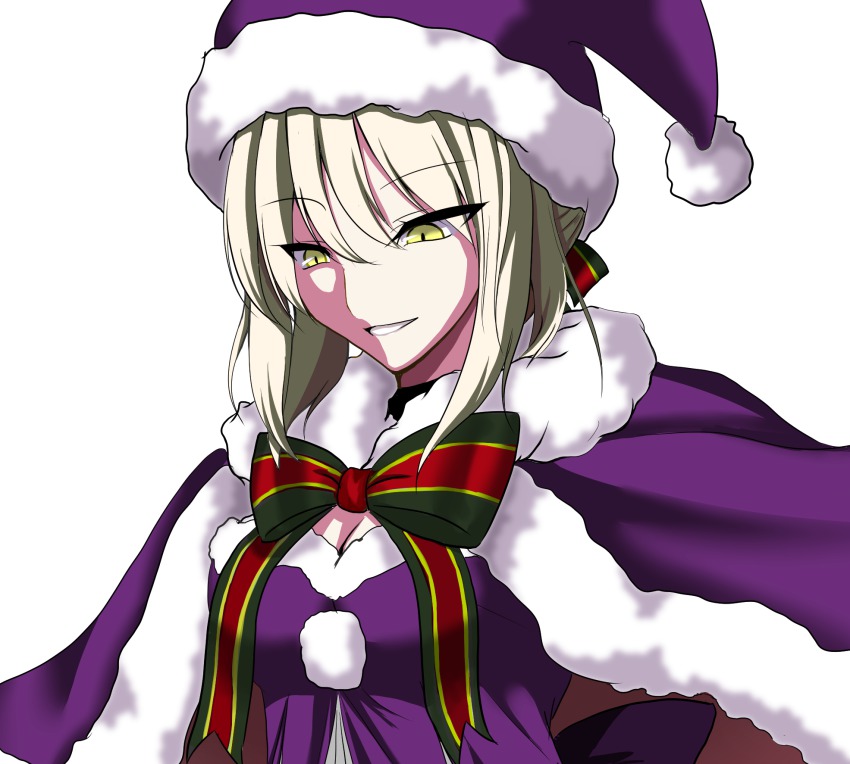 &gt;:) 1girl artoria_pendragon_(fate) blonde_hair breasts cape cleavage fate/grand_order fate_(series) female_focus fur-trimmed_cape fur_trim hat highres medium_breasts saber_(fate) saber_alter santa_alter santa_costume santa_hat smile solo syuya_(syuyananaki) teeth v-shaped_eyebrows white_background yellow_eyes