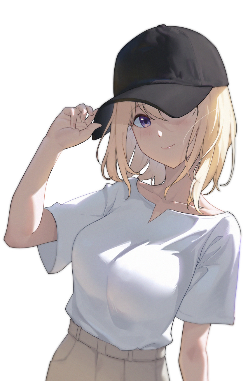 1girl absurdres arm_at_side backlighting bang_dream! bang_dream!_it&#039;s_mygo!!!!! baseball_cap bilingual_commentary black_hat blonde_hair blush breasts brown_skirt chinese_commentary closed_mouth collarbone commentary fingernails hair_between_eyes hand_on_headwear hand_up hat highres jiangchuan_ling_yu_nai looking_at_viewer medium_breasts medium_hair misumi_uika mixed-language_commentary one_eye_covered purple_eyes shade shirt shirt_tucked_in short_sleeves simple_background skirt smile solo upper_body white_background white_shirt wide_sleeves