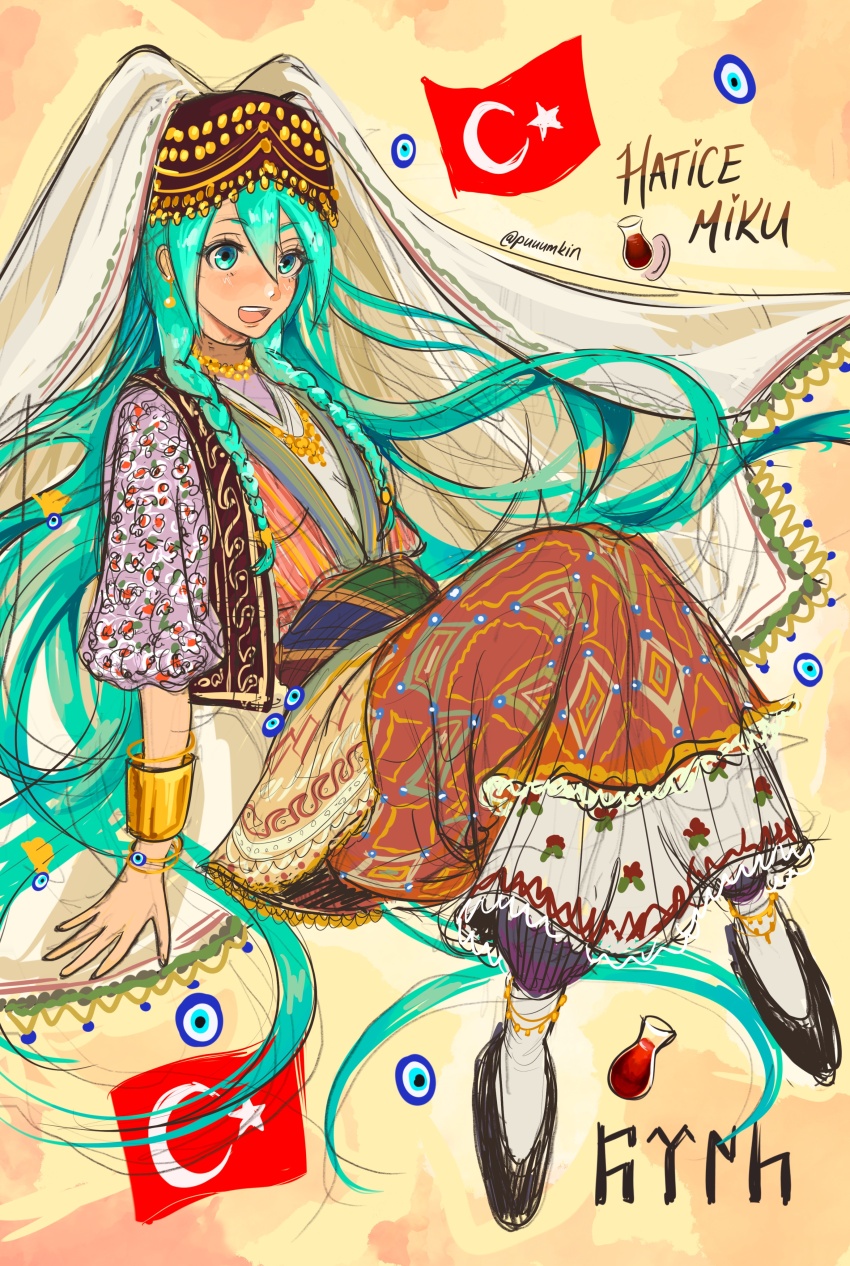 absurdres black_footwear blue_eyes blue_hair bracelet braid earrings embroidered_dress fez_hat floral_print gold_bracelet gold_earrings gold_necklace highres jewelry necklace puuumkin red_skirt sash skirt socks tea turkish_clothes turkish_flag twin_braids twintails veil white_socks worldwide_miku