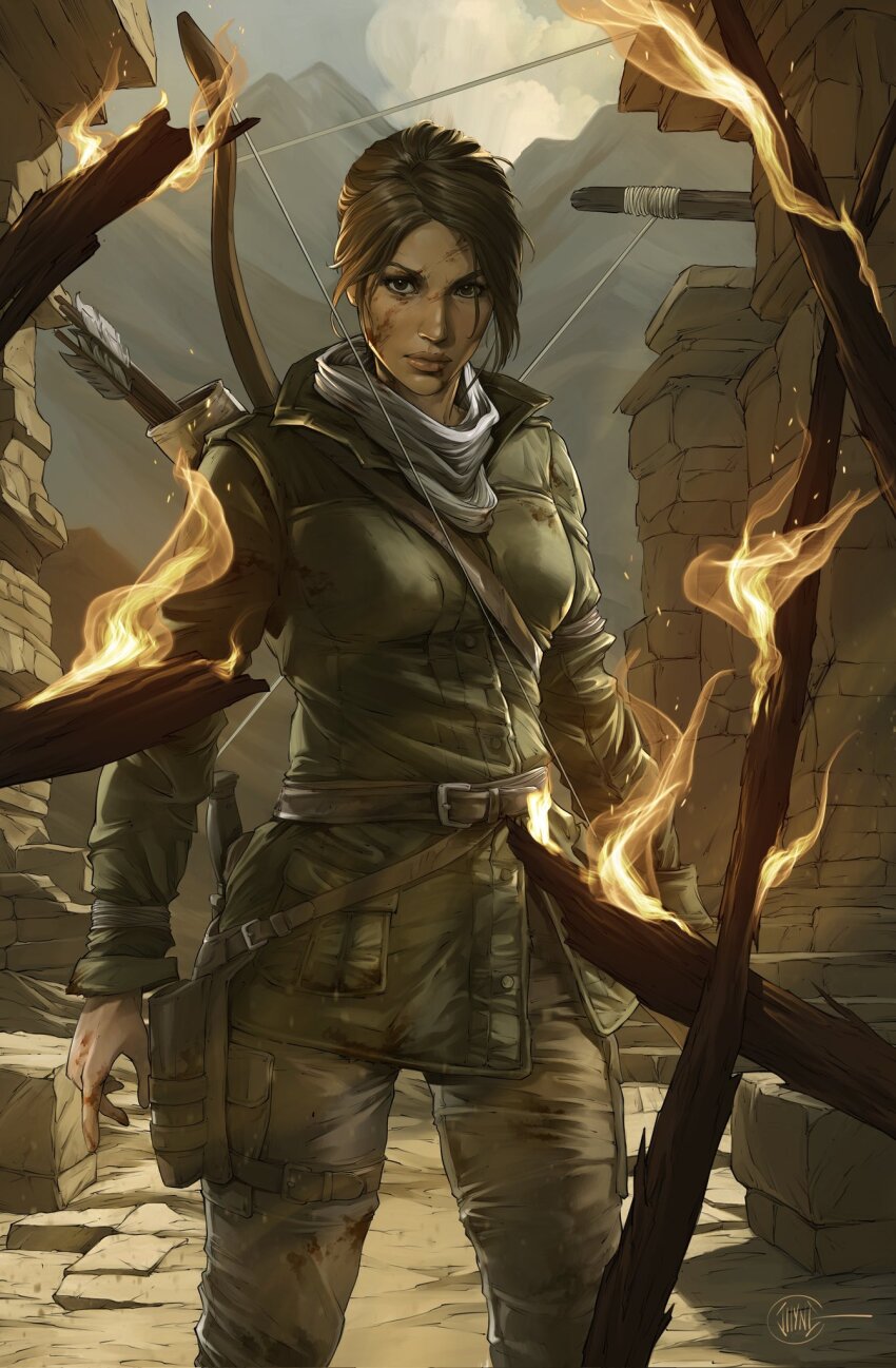 1girl arrow_(projectile) belt bow_(weapon) brown_belt brown_eyes brown_hair brown_pants dirty dirty_face fire green_jacket highres illyne_cosplay jacket lara_croft looking_at_viewer pants quiver scarf signature solo standing tomb_raider weapon white_scarf