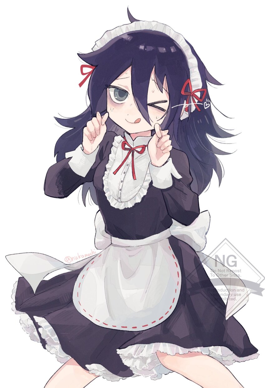 &gt;_o 1girl ;q alternate_costume apron bags_under_eyes black_dress black_hair buttons commentary_request double_finger_heart dress enmaided finger_heart green_eyes hair_between_eyes hair_ribbon hands_up heart highres kuroki_tomoko long_hair long_sleeves looking_at_viewer maid maid_headdress neck_ribbon nuka_(nukamochi) one_eye_closed red_ribbon ribbon simple_background smile solo sweat tongue tongue_out twitter_username waist_apron watashi_ga_motenai_no_wa_dou_kangaetemo_omaera_ga_warui! watermark white_apron white_background wrist_cuffs