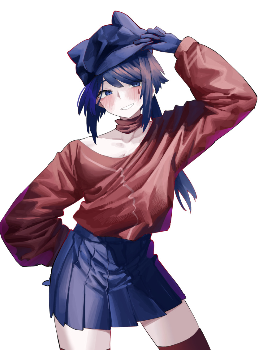 1girl absurdres animal_ear_headwear arm_up blue_eyes blue_gloves blue_hair blue_hat blue_skirt blush cabbie_hat choker collarbone commentary_request contrapposto cool_mita_(miside) cowboy_shot crop_top cropped_shirt fake_animal_ears gloves hand_up hat highres long_hair long_sleeves looking_at_viewer low_ponytail miside mita_(miside) pleated_skirt ponytail puffy_long_sleeves puffy_sleeves red_choker red_shirt red_thighhighs shirt simple_background skindentation skirt smile solo tattoo teardrop_facial_mark teardrop_tattoo thighhighs thighs vivo_(vivo_sun_0222) white_background zettai_ryouiki