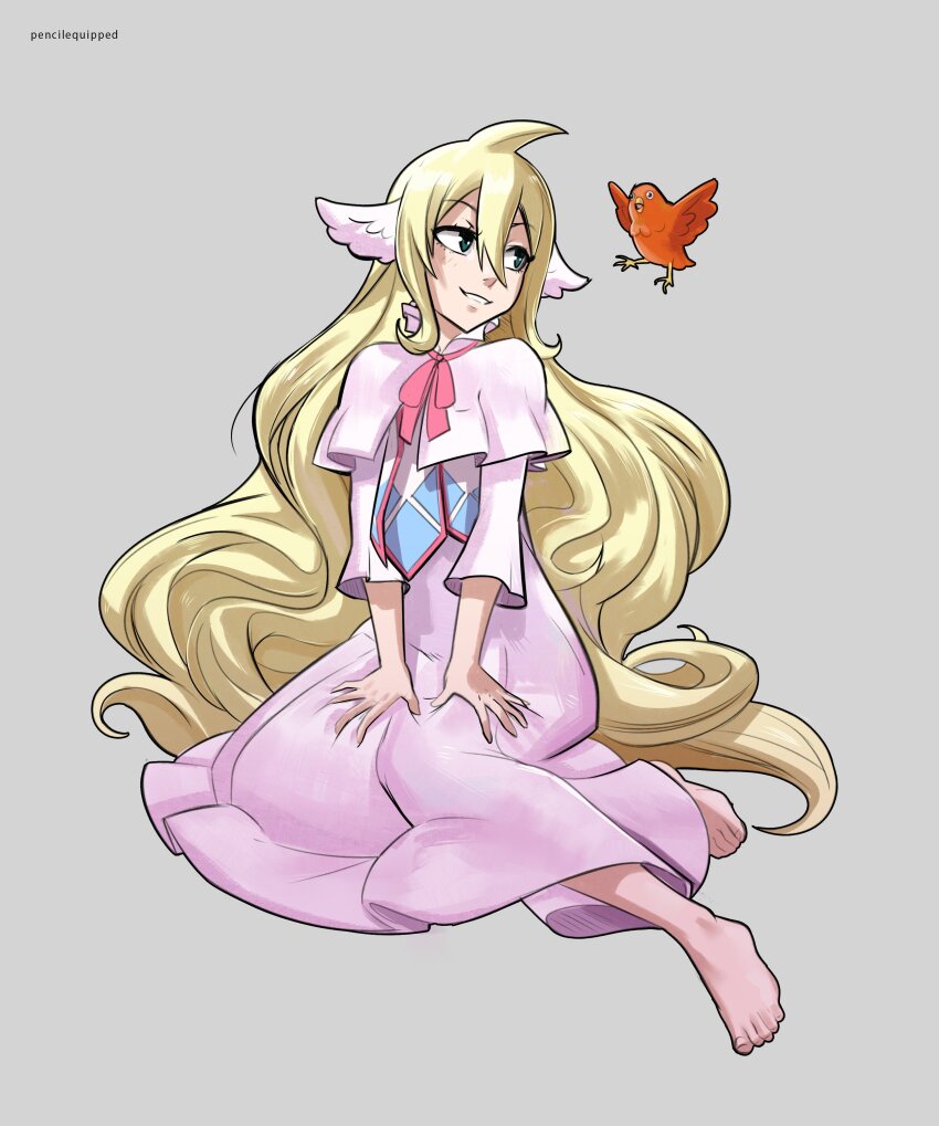 1girl absurdres artist_name barefoot bird blonde_hair dress fairy_tail green_eyes grey_background head_wings highres long_dress long_hair mavis_vermilion pencilequipped pink_dress simple_background sitting solo very_long_hair wings