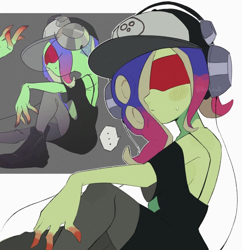 1girl baseball_cap black_dress breasts closed_mouth colored_skin dedf1sh dress gradient_hair green_skin hair_over_one_eye hat headphones headphones_over_headwear highres kiirono looking_at_viewer multicolored_hair nintendo octoling off_shoulder official_art_inset red-tinted_eyewear reference_inset sanitized_(splatoon) solo splatoon_(series) splatoon_3 splatoon_3:_side_order suction_cups sunglasses sweatdrop tentacle_hair tinted_eyewear two-tone_hair