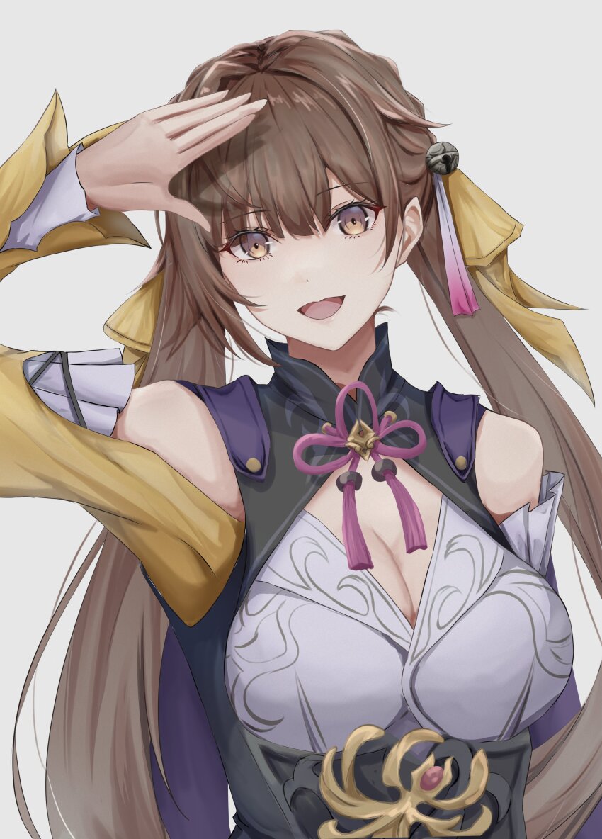 absurdres bell breasts brown_eyes brown_hair cleavage detached_sleeves dress grey_background hair_bell hair_ornament hair_ribbon hands_on_headwear highres honkai:_star_rail honkai_(series) jingle_bell light_smile long_hair looking_at_viewer low_twintails medium_breasts open_mouth parted_lips ribbon satsumaagee simple_background sushang_(honkai:_star_rail) twintails upper_body very_long_hair white_dress yellow_ribbon yellow_sleeves