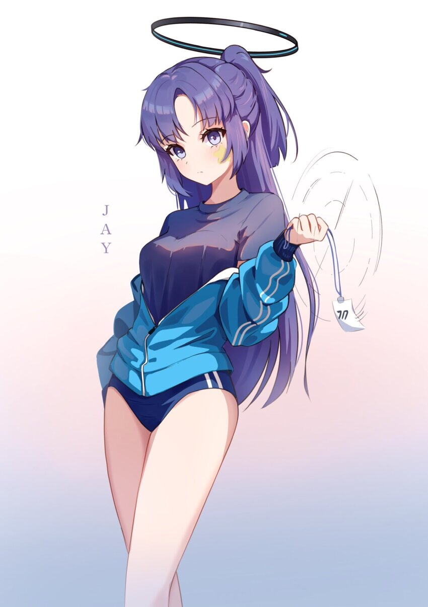 1girl black_shirt blue_archive blue_buruma blue_jacket buruma closed_mouth facial_mark gradient_background gym_uniform hair_between_eyes halo highres jacket jayllustrates long_hair long_sleeves purple_eyes purple_hair shirt solo star_(symbol) star_facial_mark yuuka_(blue_archive) yuuka_(track)_(blue_archive)