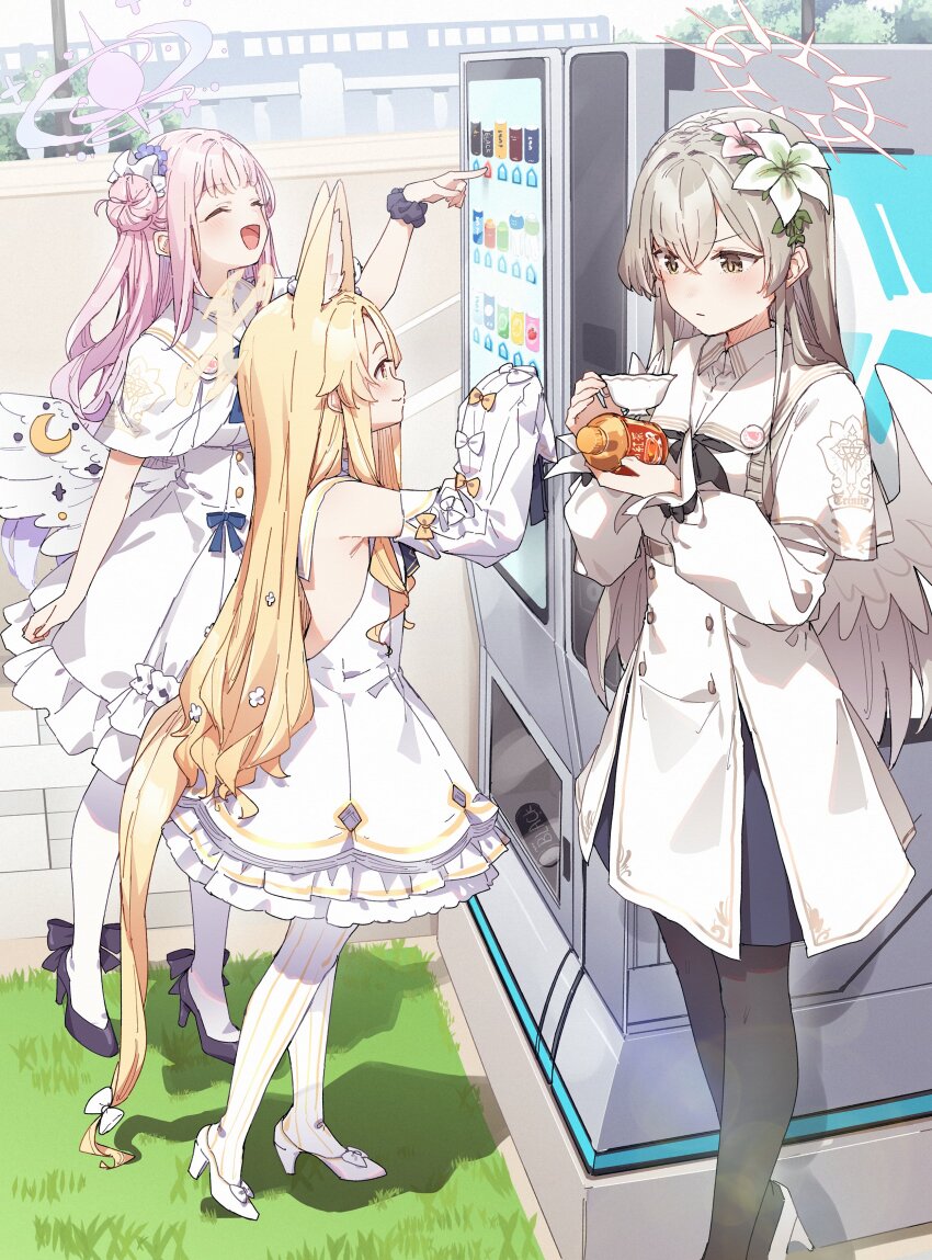 3girls absurdres animal_ears black_pantyhose blonde_hair blue_archive bottle cup detached_sleeves dress feathered_wings flower fox_ears fox_tail frilled_dress frills from_side grass grey_hair hair_bun hair_flower hair_ornament halo high_heels highres holding holding_bottle holding_cup long_hair mika_(blue_archive) multiple_girls nagisa_(blue_archive) outdoors pantyhose pink_hair school_uniform seia_(blue_archive) single_side_bun sleeves_past_fingers sleeves_past_wrists smile standing striped_clothes striped_pantyhose tail tea_party_(blue_archive) teacup v-shaped_eyebrows vending_machine vertical-striped_clothes vertical-striped_pantyhose white_dress white_footwear white_pantyhose white_wings wings yukie_(kusaka_shi)