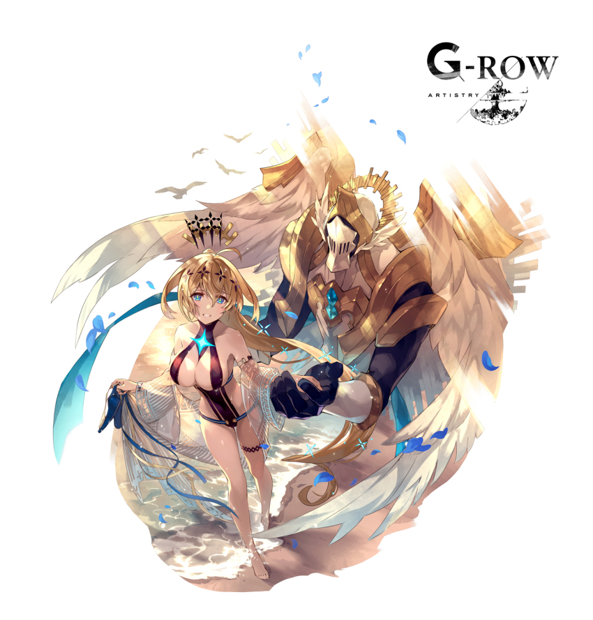 1girl ahoge aqua_eyes barefoot beach bird blonde_hair blue_petals breasts commentary_request double-parted_bangs floating_hair_ornament full_body highres knight large_breasts long_hair looking_at_viewer ocean official_alternate_costume official_art outdoors phantom_of_the_kill seagull second-party_source simple_background stand_(jojo) swimsuit tiphereth_(phantom_of_the_kill) to_maru very_long_hair walking white_background white_wings wings