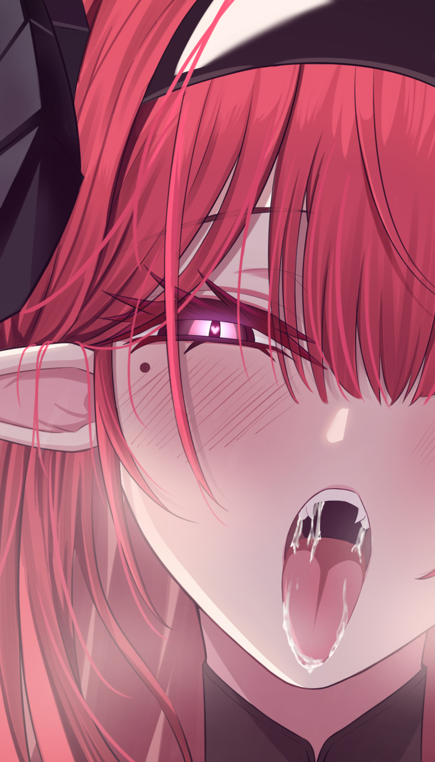 1girl azur_lane blush close-up demon_girl heart heart-shaped_pupils highres hindenburg_(azur_lane) kazam_fm looking_at_viewer mole mole_under_eye open_mouth pointy_ears red_hair saliva saliva_trail symbol-shaped_pupils tongue tongue_out