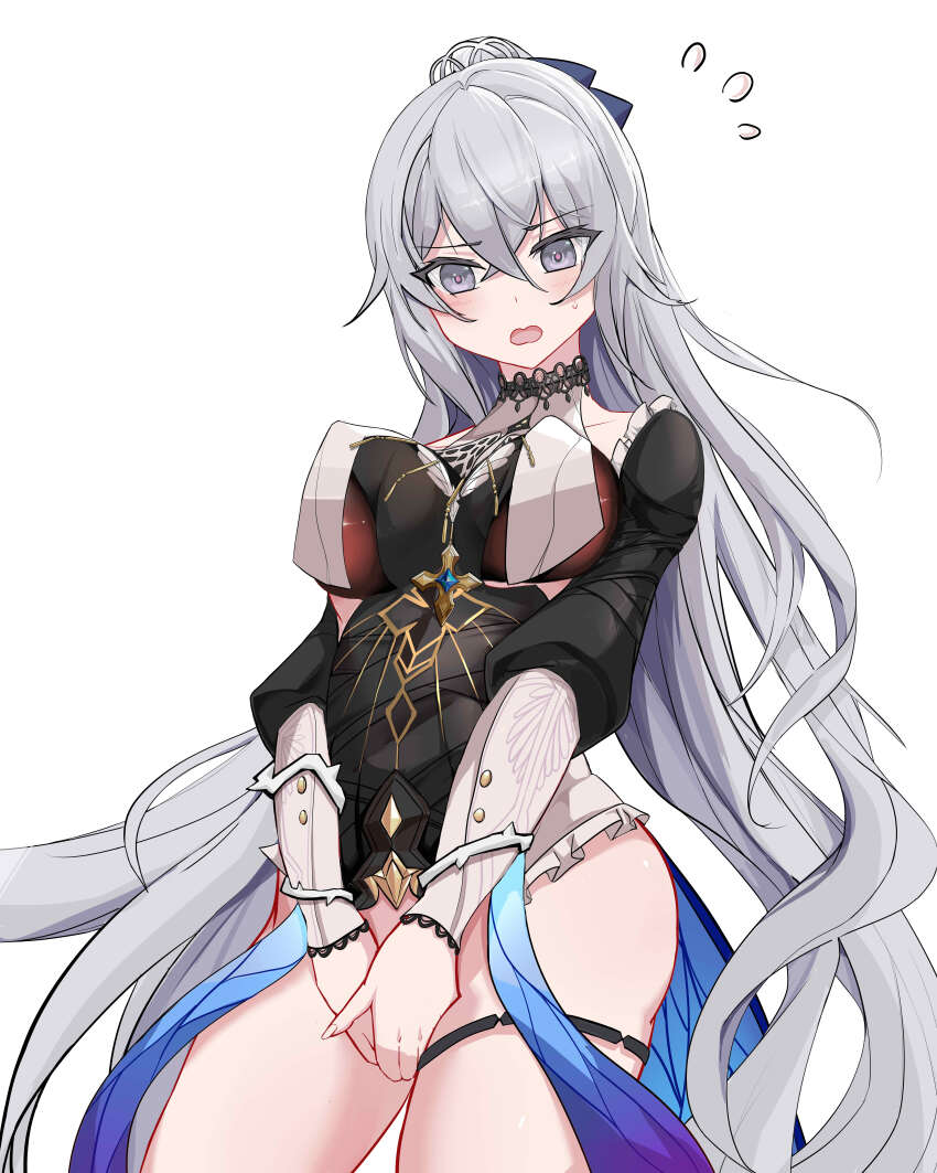 1girl absurdres aponia_(honkai_impact) aponia_(honkai_impact)_(cosplay) black0322 blush bottomless breast_curtains breasts bridal_garter bronya_zaychik bronya_zaychik_(silverwing:_n-ex) cosplay covered_erect_nipples covering_crotch covering_privates cross cross_necklace grey_eyes habit highres honkai_(series) honkai_impact_3rd jewelry large_breasts large_variant_set long_hair long_sleeves necklace nun open_mouth simple_background solo thighs variant_set very_long_hair white_background