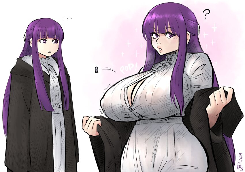 2girls absurdres alternate_breast_size black_coat black_robe blunt_bangs breasts coat comparison covered_erect_nipples cut_bangs dressing fern_(sousou_no_frieren) hair_ornament highres huge_breasts looking_at_another multiple_girls popped_button purple_eyes purple_hair purple_pupils removing_coat robe sidelocks sousou_no_frieren straight_hair videajames