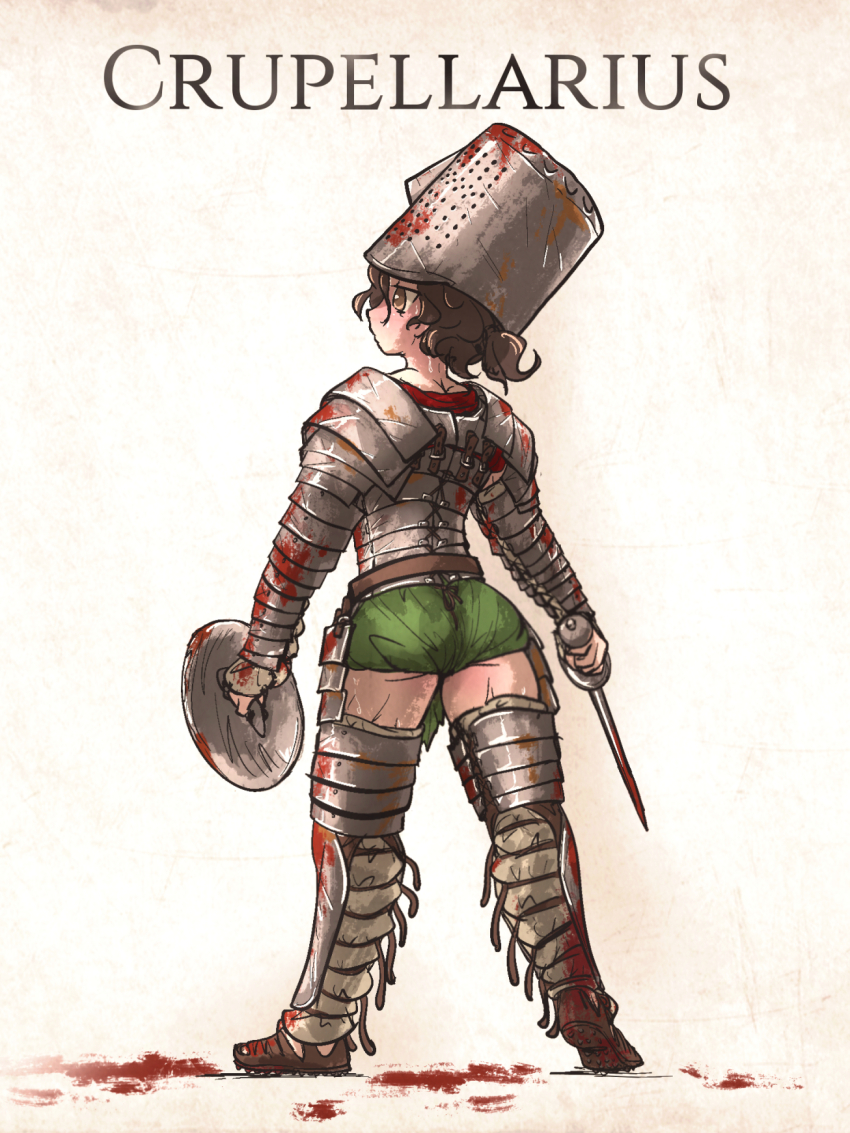 1girl armor blood blood_on_ground brown_eyes brown_hair buckler faulds from_behind full_body gladiator gladiator_sandals gladius greaves helm helmet highres holding holding_shield holding_sword holding_weapon ironlily manica original pauldrons roman_armor roman_empire sandals shield short_sword shoulder_armor solo sweat sword thighs weapon