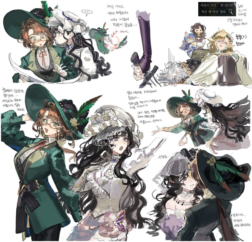 6+girls :d :o arm_up black_hair black_hat blonde_hair bow brown_hair collared_shirt dress flower glasses gloves green_eyes green_hat green_jacket hand_up hat hat_bow hat_feather hat_flower highres holding holding_knife ing_(ing205509) isolde_(reverse:1999) jacket juliet_sleeves kakania_(reverse:1999) knife korean_text long_hair long_sleeves looking_at_another looking_at_viewer low_ponytail lying marcus_(reverse:1999) multiple_girls multiple_views neck_ribbon open_mouth picture_hat puffy_long_sleeves puffy_sleeves purple_dress purple_eyes red_ribbon reverse:1999 ribbon round_eyewear shirt sketch smile tooth_fairy_(reverse:1999) translation_request veil vila_(reverse:1999) wavy_hair white_background white_bow white_dress white_gloves white_hair white_hat white_shirt white_veil windsong_(reverse:1999) yuri