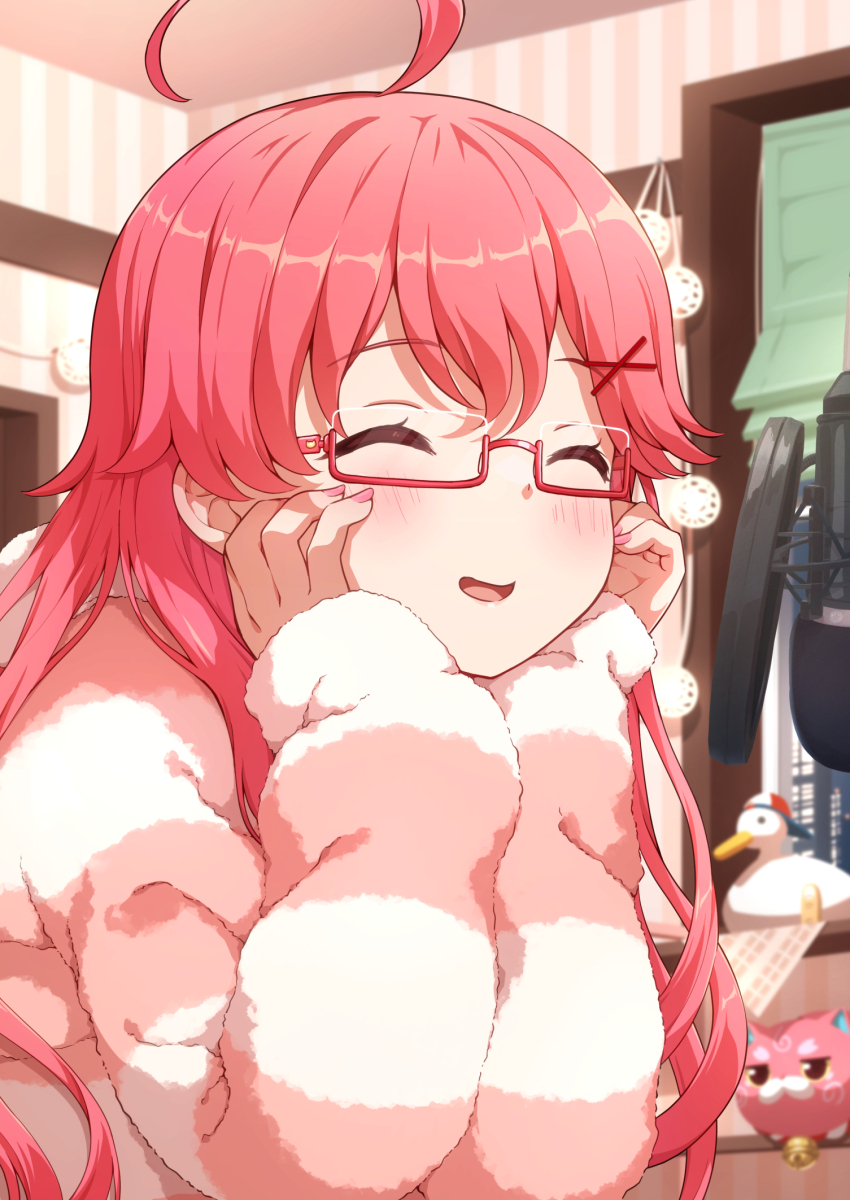 1girl ^_^ ahoge alternate_costume bedroom blush closed_eyes coat from_side fur_coat glasses hair_ornament hands_on_own_cheeks hands_on_own_face highres hololive hood hooded_coat indoors kintoki_(sakura_miko) long_hair long_sleeves loungewear miyabi_(miyabeeya) open_mouth pink-framed_eyewear pink_hair pink_nails sakura_miko solo stuffed_animal stuffed_toy subaru_duck virtual_youtuber x_hair_ornament