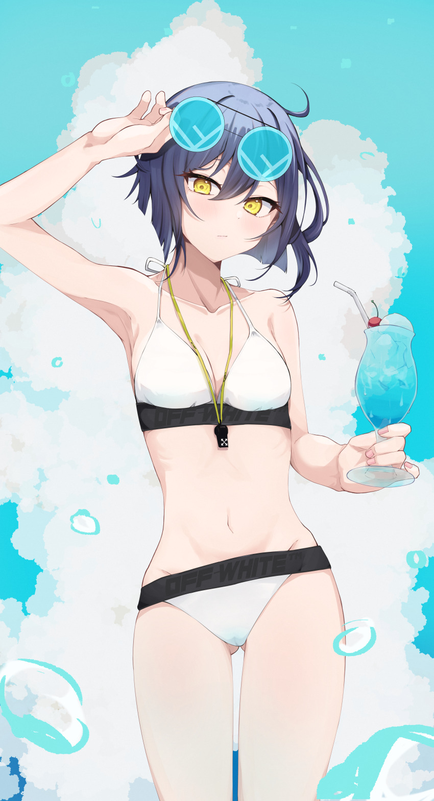 1girl absurdres adjusting_eyewear arm_up bikini black_hair blue_sky breasts closed_mouth cloud commentary_request cowboy_shot cumulonimbus_cloud cup gluteal_fold halterneck highres holding holding_cup kumoi_sora looking_at_viewer original round_eyewear short_hair sky small_breasts solo swimsuit whistle whistle_around_neck white_bikini yellow_eyes