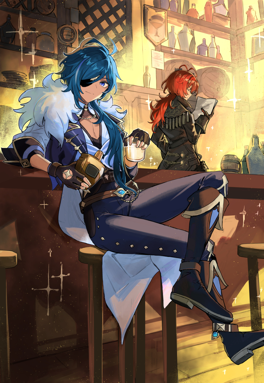 2boys alcohol anklet antenna_hair bar_(place) barrel belt black_coat black_gloves blue_eyes blue_hair boots bottle brown_footwear closed_eyes closed_mouth coat commentary_request counter crossed_legs cup dark-skinned_male dark_skin diluc_(genshin_impact) drinking_glass earrings eyepatch feather_boa fur-trimmed_coat fur_trim genshin_impact gloves hair_over_shoulder hayama_eishi highres holding holding_bottle holding_cup holding_paper indoors jewelry kaeya_(genshin_impact) knee_boots light_rays long_hair long_sleeves looking_at_viewer male_focus multiple_boys one_eye_covered pants paper partially_fingerless_gloves pectoral_cleavage pectorals ponytail red_hair rocks_glass single_earring sitting sparkle standing stool symbol-shaped_pupils tankard tassel tumbler vision_(genshin_impact)