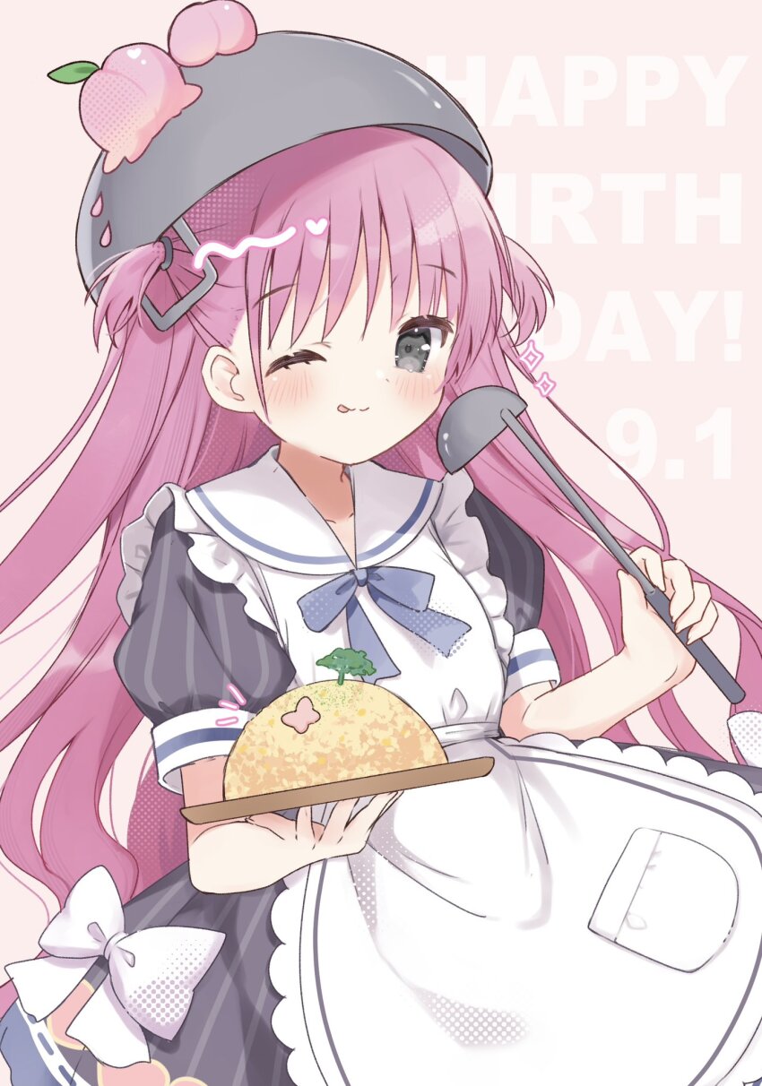 1girl ;3 ;q alternate_costume apron black_dress blue_ribbon blush bow closed_mouth commentary_request cowboy_shot dress dress_bow enmaided floating_hair food fried_rice frilled_apron frills fruit grey_eyes hands_up happy happy_birthday highres holding holding_food holding_ladle katou_umi ladle long_hair looking_at_viewer maid maid_apron notice_lines one_eye_closed peach peach_hat_ornament pink_background pink_hair pot_on_head puffy_short_sleeves puffy_sleeves ribbon sailor_collar sakura_aki short_sleeves simple_background smile solo sparkle striped_clothes striped_dress summer_pockets tongue tongue_out two_side_up vertical-striped_clothes vertical-striped_dress very_long_hair white_apron white_bow white_sailor_collar