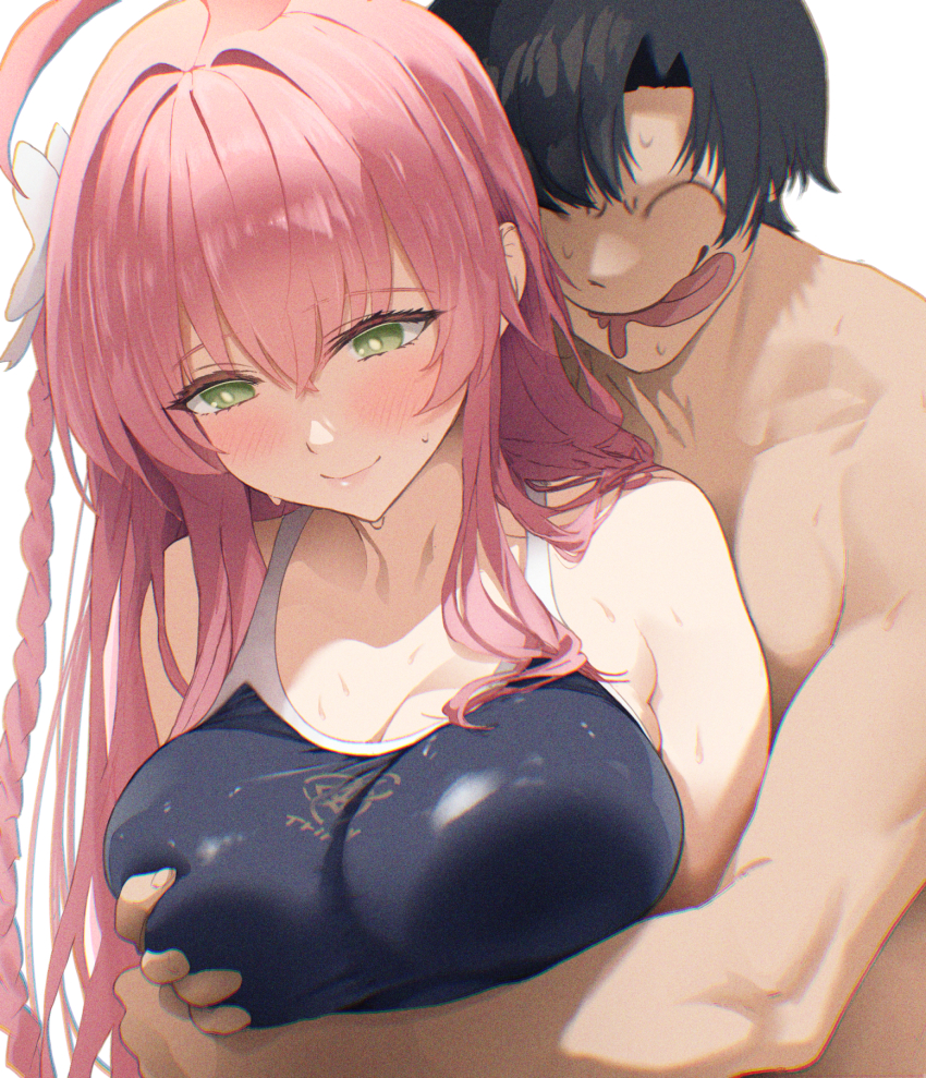 1boy 1girl blue_archive blue_one-piece_swimsuit blush bow braid breasts closed_mouth collarbone doodle_sensei_(blue_archive) grabbing_from_behind green_eyes groping hair_bow hanako_(blue_archive) highres large_breasts long_hair looking_down ni_tamago_sando one-piece_swimsuit pink_hair sensei_(blue_archive) smile sweat swimsuit tongue tongue_out white_bow