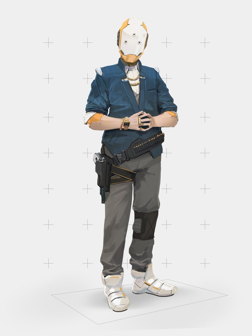 1boy absurdres ammunition_belt blue_jacket chain chain_necklace cyborg faceless full_body gold_chain grey_pants gun handgun highres holstered jacket jewelry male_focus necklace notfuji original own_hands_together pants ring sleeves_rolled_up solo thigh_strap watch weapon white_background white_footwear wristwatch