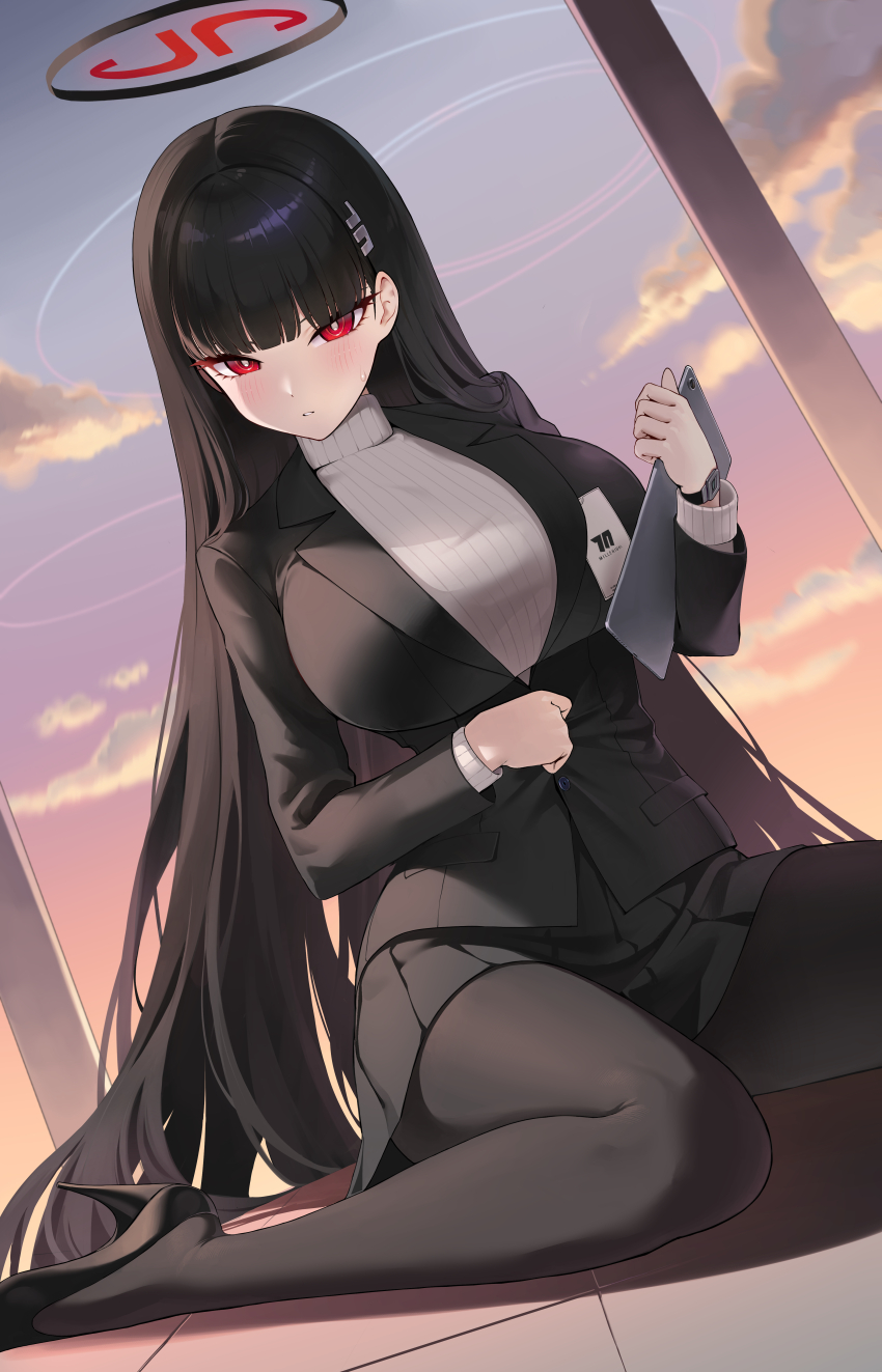 1girl absurdres black_hair black_halo black_jacket black_pantyhose black_skirt blazer blue_archive blush breasts cloud cloudy_sky commentary_request dogee_(ch_dh0408) hair_ornament hairpin halo high_heels highres holding holding_tablet_pc id_card jacket large_breasts long_hair looking_at_viewer multicolored_sky on_floor pantyhose red_eyes rio_(blue_archive) sitting skirt sky solo sweater tablet_pc turtleneck turtleneck_sweater very_long_hair white_sweater