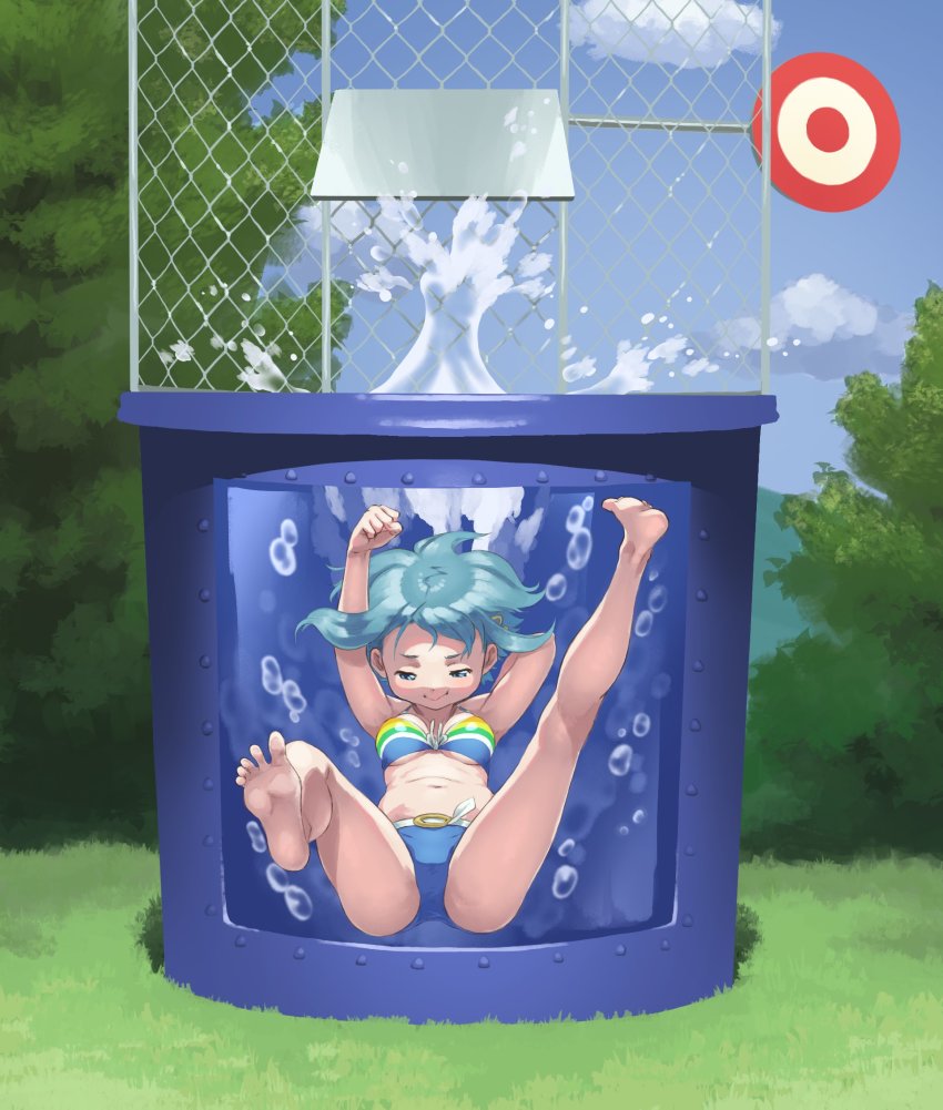 1girl alternate_costume arm_support barefoot bikini bikini_top_only blue_eyes blue_hair blue_sky blush breasts bubble cloud commission day dunk_tank female_focus front-tie_bikini_top front-tie_top gloamy highres looking_at_viewer mahou_shoujo_madoka_magica mahou_shoujo_madoka_magica_(anime) medium_breasts miki_sayaka navel outdoors plant rainbow_bikini short_hair sky smile solo splashing spread_legs submerged swimsuit tree underboob underwater