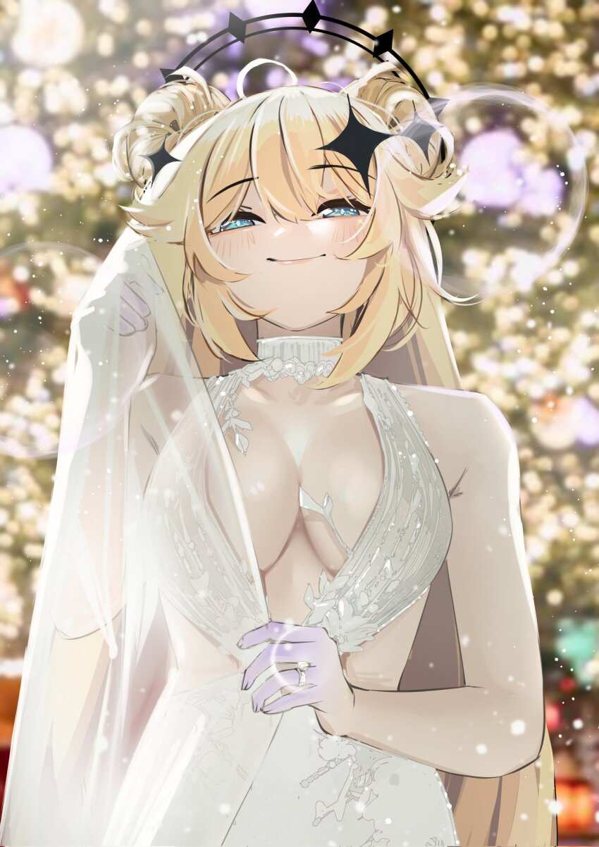 1girl blonde_hair blue_eyes blurry blurry_background breasts bubble christmas_tree cleavage closed_mouth commentary dress english_commentary halo highres jewelry kaneko_lumi large_breasts long_hair looking_at_viewer narrowed_eyes phase_connect pupi_(rain_prophet) ring smile snow snowing solo upper_body veil very_long_hair virtual_youtuber wedding_dress wedding_ring