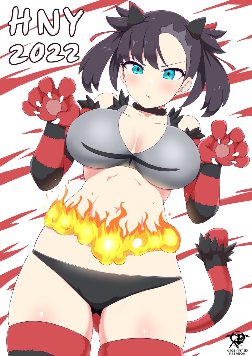 1girl absurdres alternate_breast_size animal_hands artist_logo asymmetrical_bangs belt bikini black_choker black_hair blush breasts choker cosplay creatures_(company) fire game_freak gen_7_pokemon gloves green_eyes hair_ribbon highres incineroar incineroar_(cosplay) kaos_art large_breasts logo looking_at_viewer marnie_(pokemon) medium_hair nintendo paw_gloves pokemon pokemon_swsh red_ribbon ribbon solo swimsuit tail tiger_paw tiger_tail