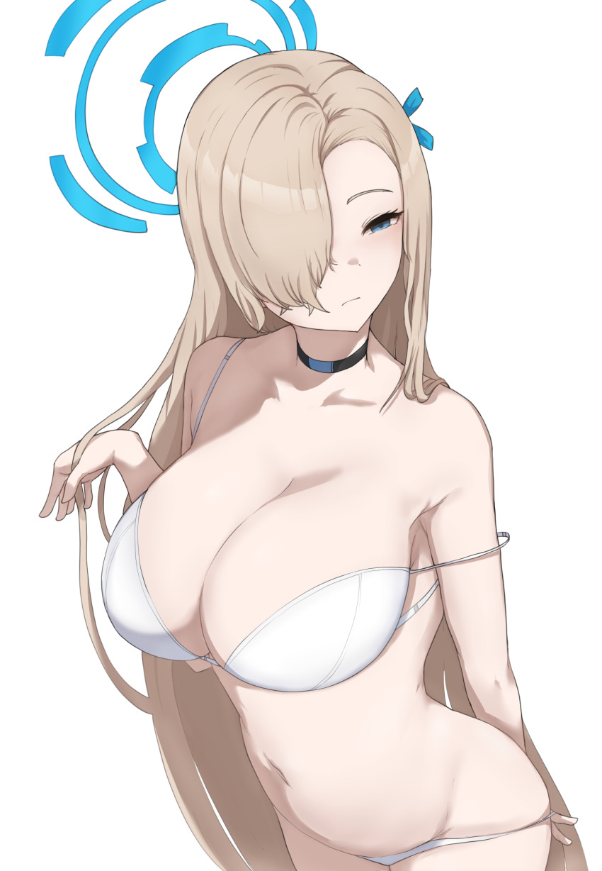 1girl asuna_(blue_archive) black_choker blue_archive blue_eyes blue_halo blue_ribbon bra breasts choker cleavage closed_mouth commentary_request hair_over_one_eye hair_ribbon halo highres korean_commentary large_breasts long_hair looking_to_the_side panties ribbon skyhood underwear underwear_only very_long_hair white_bra white_panties