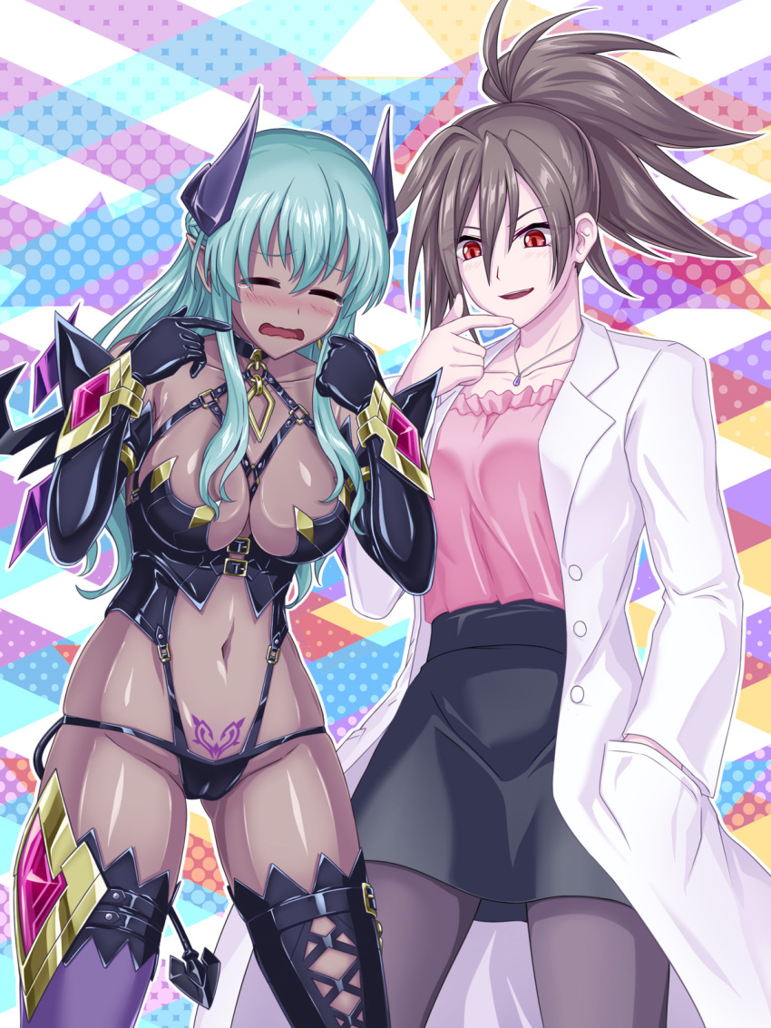 2girls aqua_hair black_skirt breasts brown_hair bustier closed_eyes commission demon_girl demon_horns demon_tail elbow_gloves gloves hand_in_pocket highres horns jewelry lab_coat long_hair medium_breasts multiple_girls navel necklace orange_eyes original pantyhose pubic_tattoo ribimura shiny_clothes shiny_skin skirt tail tattoo thighhighs wavy_mouth