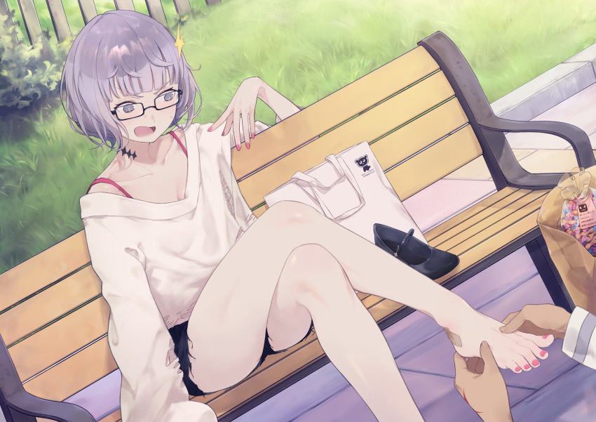 1boy 1girl absurdres bag bare_shoulders barefoot bench breasts daisi_gi fate/grand_order fate_(series) feet grey_eyes grey_hair highres jacques_de_molay_(foreigner)_(fate) jacques_de_molay_(foreigner)_(method_to_walk_on_the_stars)_(fate) long_sleeves massage medium_breasts off-shoulder_sweater off_shoulder open_mouth short_hair shorts sweater toes