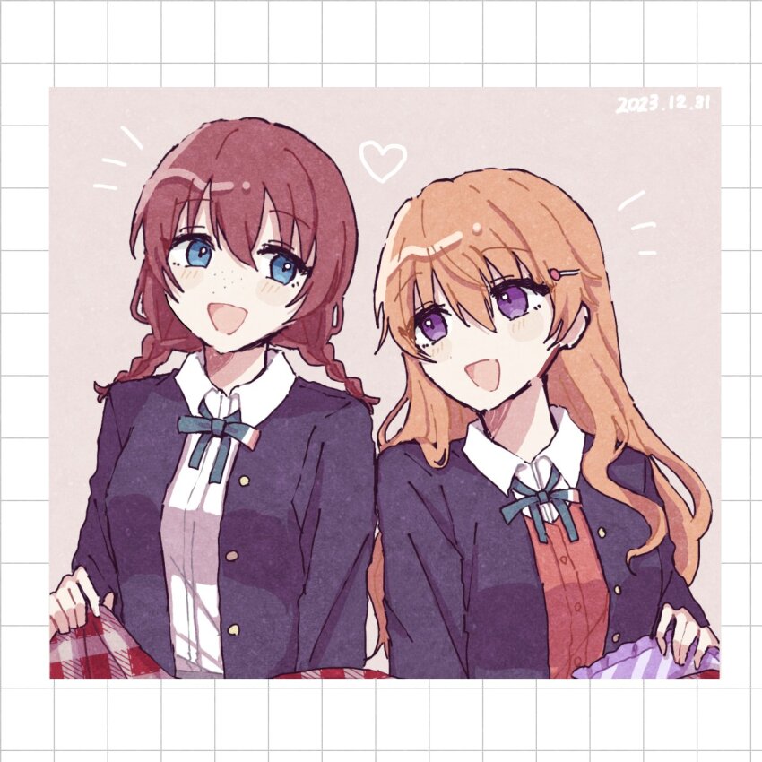 2girls black_jacket blue_eyes blush braid brown_hair cardigan collared_shirt commentary_request dated emma_verde green_ribbon hair_between_eyes hair_ornament hairclip heart highres jacket konoe_kanata long_hair long_sleeves looking_at_another love_live! love_live!_nijigasaki_high_school_idol_club medium_hair multiple_girls neck_ribbon ng_pst nijigasaki_school_uniform notice_lines open_mouth orange_hair purple_eyes red_cardigan ribbon school_uniform shirt sidelocks twin_braids upper_body white_shirt winter_uniform