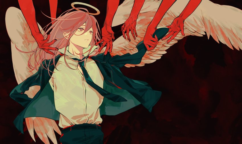 1boy angel_devil_(chainsaw_man) angel_wings black_jacket black_necktie black_pants chainsaw_man disembodied_hand feathered_wings grabbing halo highres jacket long_hair looking_up necktie no_arms outstretched_arms pants pink_hair red_background scared simple_background solo tuzaixia wings