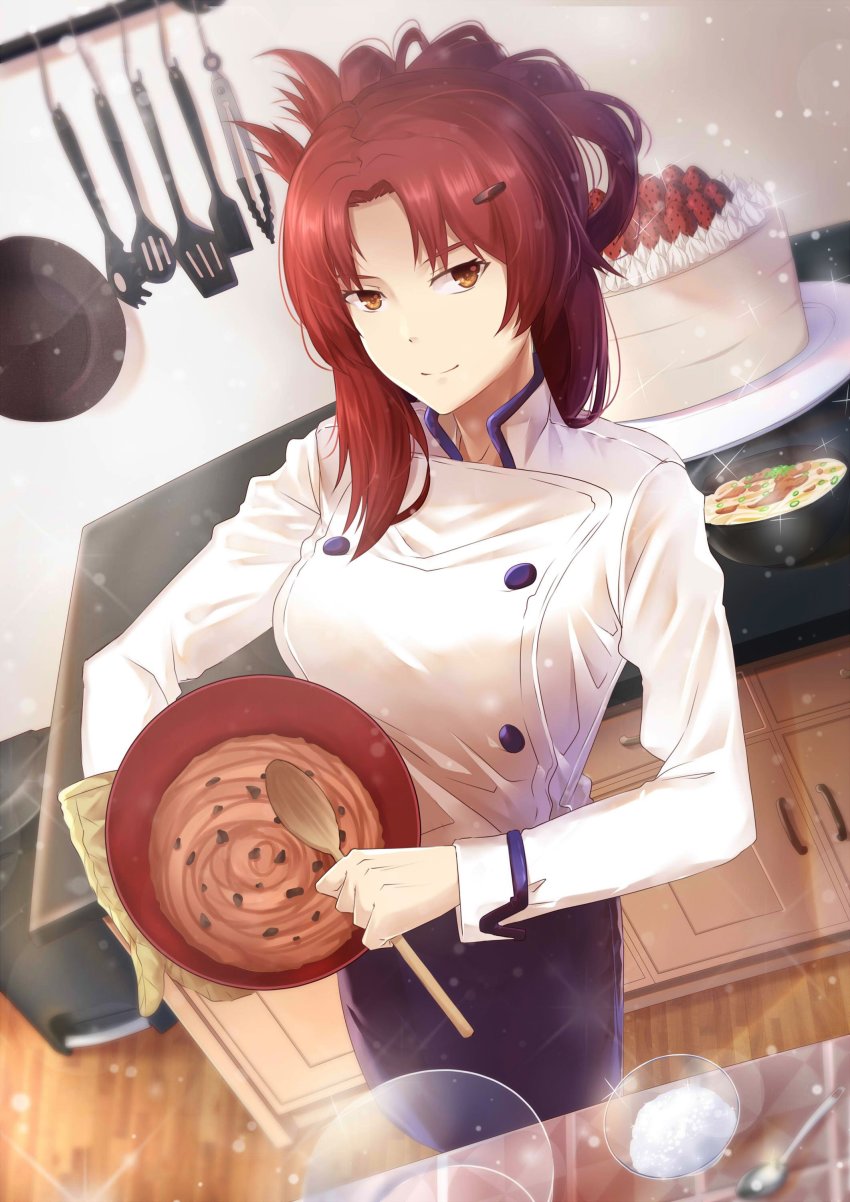 1girl absurdres blue_skirt blush bowl breasts brown_eyes cake chef chef_jacket cooking extreeme33 female_focus folded_ponytail food frying_pan hair_ornament hairclip highres holding holding_bowl holding_spoon honkai_(series) honkai_impact_3rd jacket kitchen large_breasts layer_cake long_hair long_sleeves looking_at_viewer mixing mixing_bowl murata_himeko oven_mitts parted_bangs plate red_hair sidelocks skirt sleeve_cuffs smile solo sparkle spatula spoon tongs trash_can white_jacket