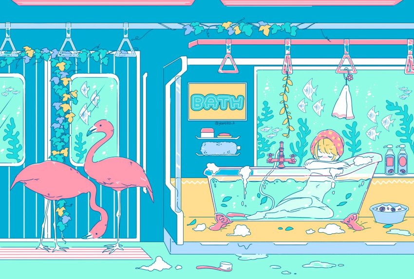 1girl bare_legs barefoot bath bathing bathtub bird blonde_hair claw_foot_bathtub closed_eyes fish flamingo flower indoors leaf original partially_submerged red_flower solo swept_bangs train_interior transparent_bathtub twitter_username underwater water window yonoko_k