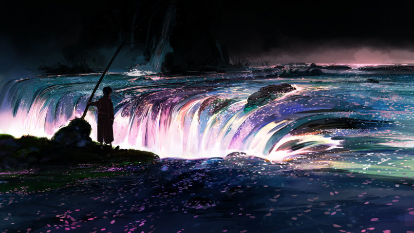 1boy black_hair black_sky from_behind glowing glowing_liquid holding looking_down night original outdoors petals rock scenery shorts silhouette sky solo standing steam ukumo_uichi water waterfall waterfall_hole