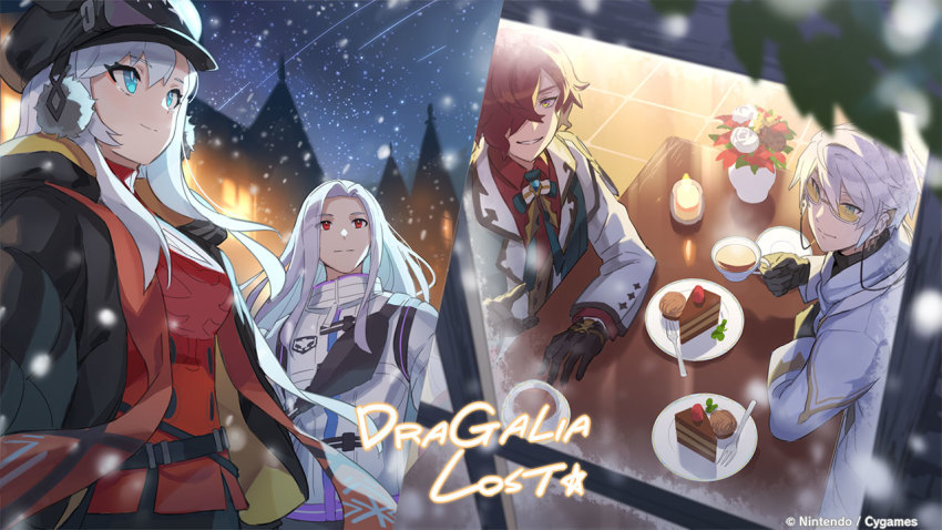 1girl 3boys black_headwear blue_eyes bright_pupils cake cake_slice chocolate_cake cleavage_cutout clothing_cutout cup dragalia_lost earmuffs food fruit goggles goggles_on_headwear hair_over_one_eye holding holding_cup ilia_(dragalia_lost) long_hair looking_at_another looking_to_the_side mordecai_(dragalia_lost) multiple_boys nevin_(dragalia_lost) official_art ramiel_(dragalia_lost) red_eyes red_hair red_scarf scarf strawberry sweater tea turtleneck turtleneck_sweater wavy_hair white_hair white_pupils yellow_eyes