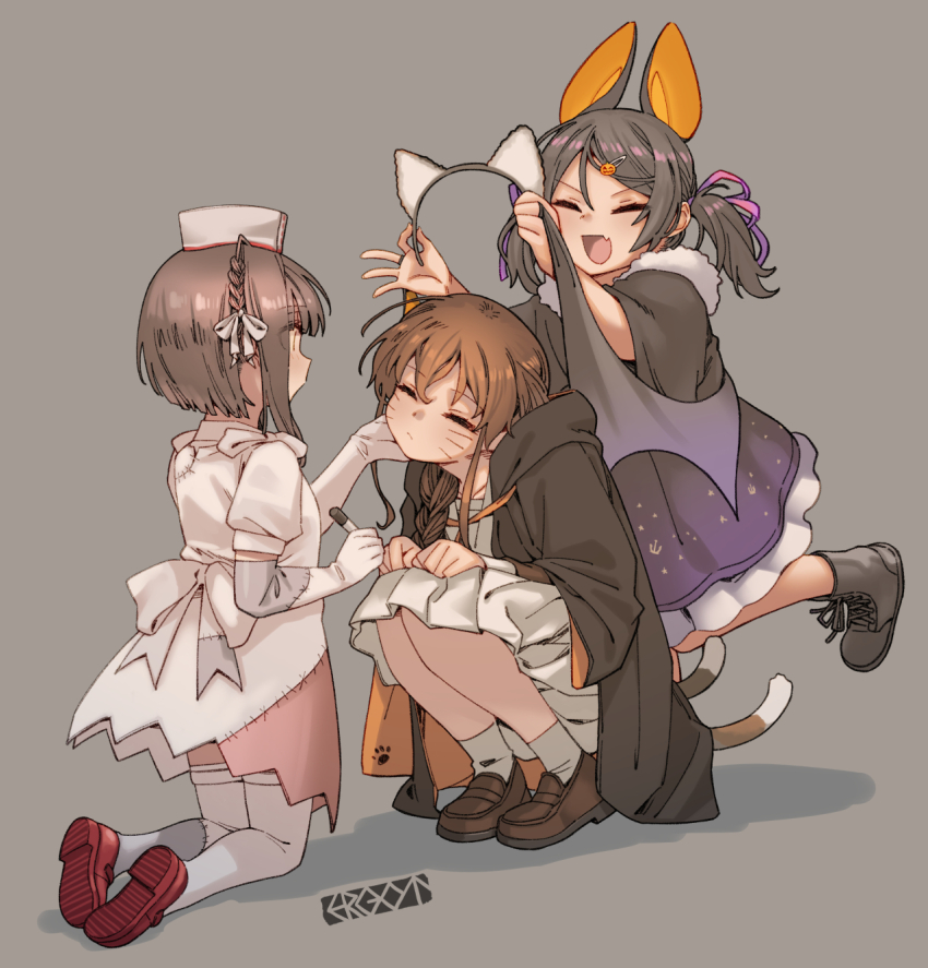 3girls animal_ears artist_logo artist_name black_cape black_dress black_footwear black_hair brown_footwear brown_hair cape closed_eyes closed_mouth dress ergot fake_animal_ears fang gloves grey_background hair_ornament hairclip halloween_costume hat highres inagi_(halloween_mode)_(kancolle) inagi_(kancolle) kantai_collection loafers long_hair multiple_girls nurse_cap official_alternate_costume open_mouth puffy_short_sleeves puffy_sleeves red_footwear shoes short_hair_with_long_locks short_sleeves sidelocks simple_background skin_fang smile souya_(halloween_mode)_(kancolle) souya_(kancolle) thighhighs ukuru_(halloween_mode)_(kancolle) ukuru_(kancolle) white_dress white_gloves white_headwear white_thighhighs