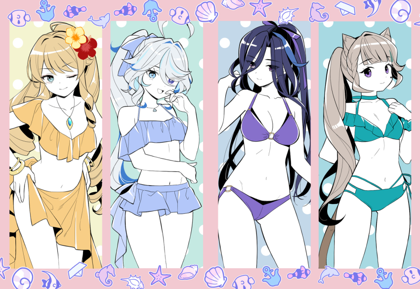 4girls animal_ears aqua_bikini bikini blonde_hair blue_bikini blue_eyes blue_hair blue_ribbon breasts brown_hair cat_ears cat_girl clorinde_(genshin_impact) closed_mouth facial_mark furina_(genshin_impact) genshin_impact hair_between_eyes hair_ribbon heterochromia jewelry kanekiyo_miwa long_hair long_sleeves looking_at_viewer lynette_(genshin_impact) medium_breasts midriff multicolored_hair multiple_girls navel navia_(genshin_impact) necklace one_eye_closed open_mouth pale_skin ponytail purple_bikini purple_eyes purple_hair ribbon smile star_(symbol) star_facial_mark stomach streaked_hair swimsuit very_long_hair white_hair yellow_bikini