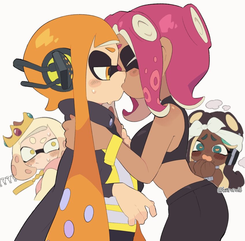 4girls :/ ? ?? agent_3_(splatoon) agent_8_(splatoon) bandana bare_shoulders behind-the-head_headphones black_cape black_headphones black_pants black_shirt blonde_hair blue_eyes blue_gemstone blue_hair blunt_bangs blush_stickers breasts brown_hair cape cephalopod_eyes chain chain_necklace closed_eyes commentary crop_top crown dark-skinned_female dark_skin gem half-closed_eyes hand_on_another&#039;s_wrist hands_on_another&#039;s_shoulders hands_up headphones high-visibility_clothing high-visibility_vest highres hood hoodie horizontal_pupils inkling inkling_girl inkling_player_character jewelry kiirono kiss long_hair long_sleeves looking_at_another marina_(splatoon) medium_breasts medium_hair midriff mole mole_under_eye multicolored_hair multiple_girls necklace nintendo octoling octoling_girl octoling_player_character open_mouth orange_eyes orange_hair pants parted_bangs pearl_(splatoon) pink_hair pink_hoodie pink_pupils profile red_gemstone shirt simple_background splatoon_(series) splatoon_2 splatoon_2:_octo_expansion squidbeak_splatoon suction_cups sweat tentacle_hair thick_eyebrows tilted_headwear twintails twitter_username two-tone_hair very_long_hair white_background white_bandana wristband yellow_eyes yellow_wristband yuri