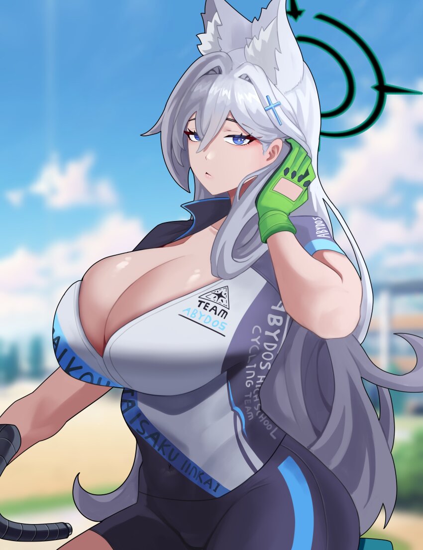 1girl absurdres animal_ears arapanchi blue_archive blue_eyes breasts gloves grey_hair halo highres large_breasts long_hair serious shiroko_(blue_archive) shiroko_(cycling)_(blue_archive) shorts sportswear