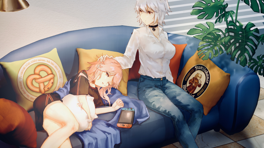 3girls absurdres alternate_costume beer_mug bismarck_(warship_girls_r) blackletter window_blinds blonde_hair breasts casual character_pillow character_request check_character chinese_commentary choker commentary_request couch cross cross_choker cup day denim dress_shirt food galo_(warship_girls_r) german_text hand_on_another&#039;s_head handheld_game_console headpat highres huge_filesize indoors jeans lamp long_hair looking_at_another lying maltese_cross medium_breasts messy_hair monstera_deliciosa mug multiple_girls n.s.egg nintendo_ds on_side one_eye_closed pants pillow pink_hair plant potted_plant pretzel resting robe shirt short_hair shorts sitting swept_bangs tile_floor tiles tirpitz_(warship_girls_r) translated two_side_up warship_girls_r white_shirt