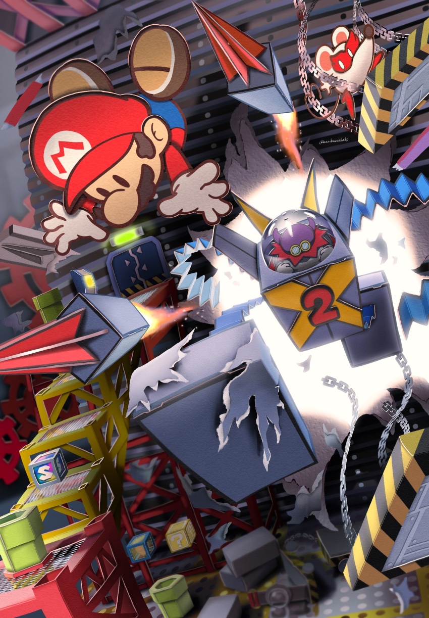 ?_block artist_name facial_hair gloves hat highres lord_crump magnus_von_grapple_2.0 maribou_(supermaribou) mario mario_(series) ms._mowz mustache nintendo paper_mario paper_mario:_the_thousand_year_door paper_mario_(character) red_hat save_block warp_pipe white_gloves