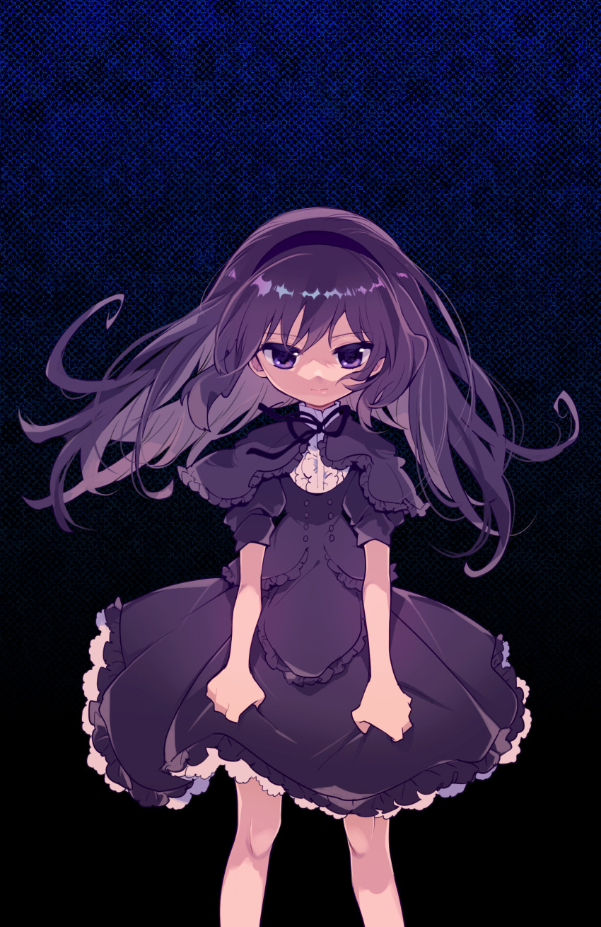 1girl absurdres akemi_homura akemi_homura_(black_dress) black_hairband blue_background capelet center_frills collared_dress dress feet_out_of_frame floating_hair frilled_capelet frilled_dress frills hairband highres ikuchi_osutega long_hair looking_at_viewer mahou_shoujo_madoka_magica mahou_shoujo_madoka_magica:_hangyaku_no_monogatari neck_ribbon purple_capelet purple_dress purple_eyes purple_hair ribbon short_sleeves simple_background skirt_hold solo standing straight-on