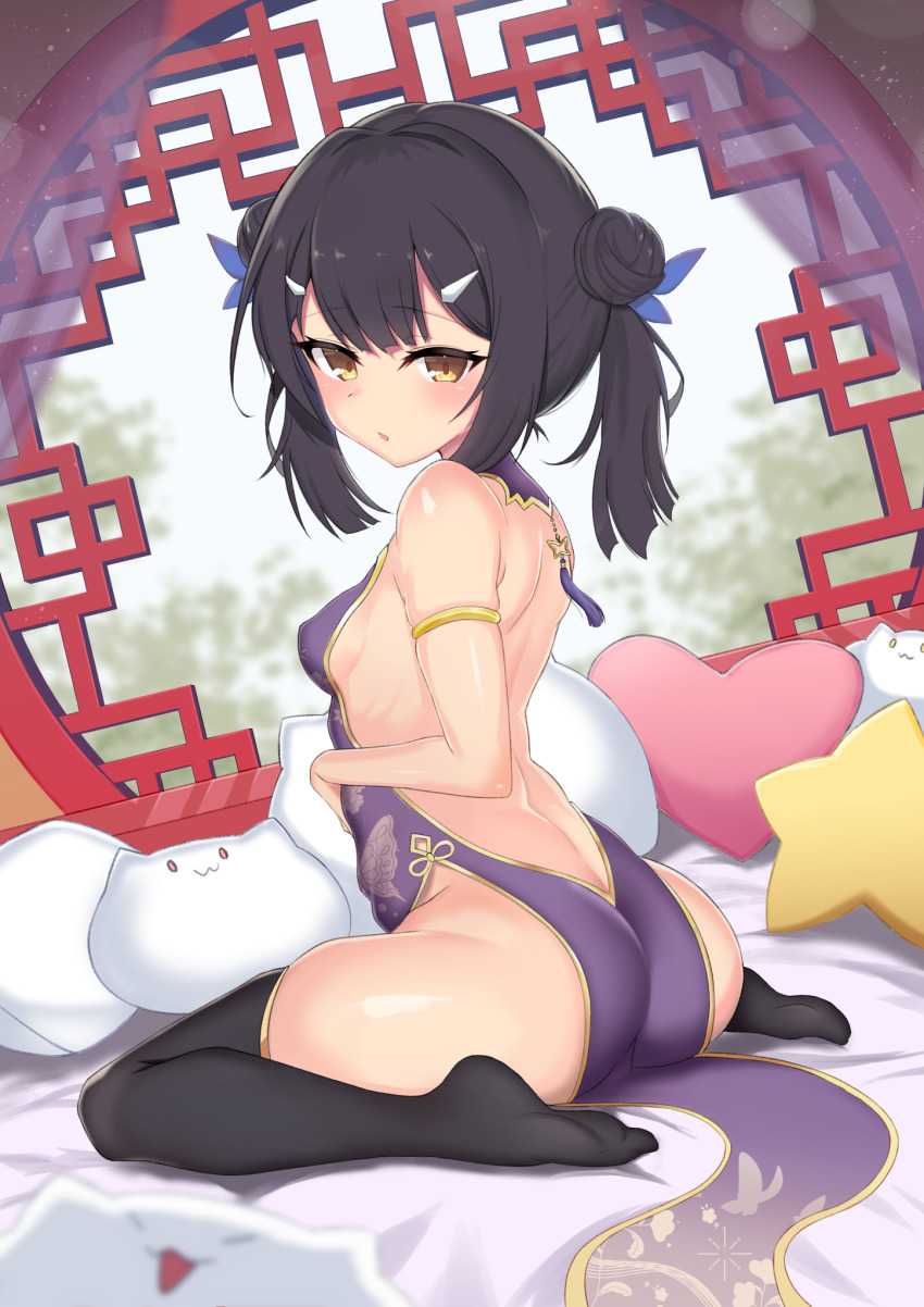 1girl armlet ass back black_hair black_thighhighs blush breasts brown_eyes coyomin fate/kaleid_liner_prisma_illya fate_(series) hair_ornament hairclip highres jewelry long_hair looking_at_viewer miyu_edelfelt pelvic_curtain sitting small_breasts solo thighhighs twintails wariza