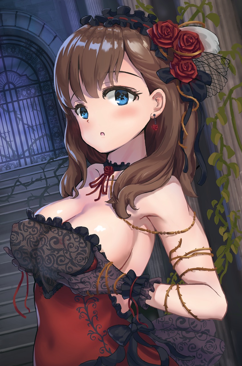 1girl :o bare_shoulders black_bow black_choker black_gloves black_hairband blush bow breasts choker cleavage collarbone covered_navel dress dutch_angle earrings covered_erect_nipples flower frills gloves hair_flower hair_ornament hairband highres idolmaster idolmaster_cinderella_girls idolmaster_cinderella_girls_starlight_stage jewelry juu_p large_breasts lolita_fashion lolita_hairband long_hair looking_at_viewer nipples outdoors red_dress red_flower red_ribbon red_rose ribbon rose sakuma_mayu see-through_clothes grabbing_own_breast solo thorns upper_body wrist_cuffs