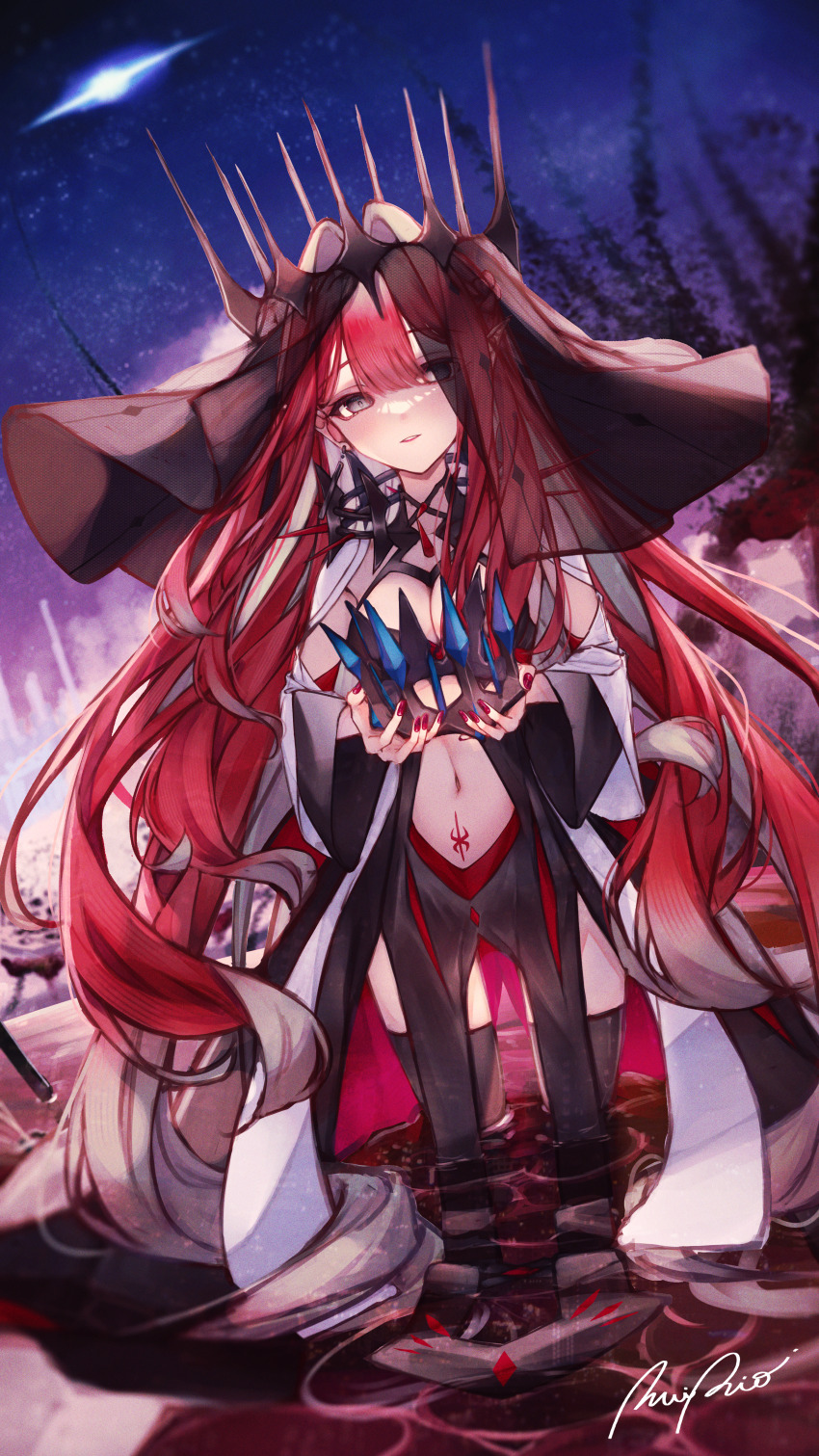 1girl absurdres black_thighhighs breasts cleavage clothing_cutout cosplay crown baobhan_sith_(fate) fate/grand_order fate_(series) grey_eyes highres large_breasts long_hair looking_at_viewer morgan_le_fay_(fate) morgan_le_fay_(fate)_(cosplay) navel navel_cutout pink_hair pointy_ears solo spica/kanade stomach_tattoo tagme tattoo thighhighs tiara veil very_long_hair