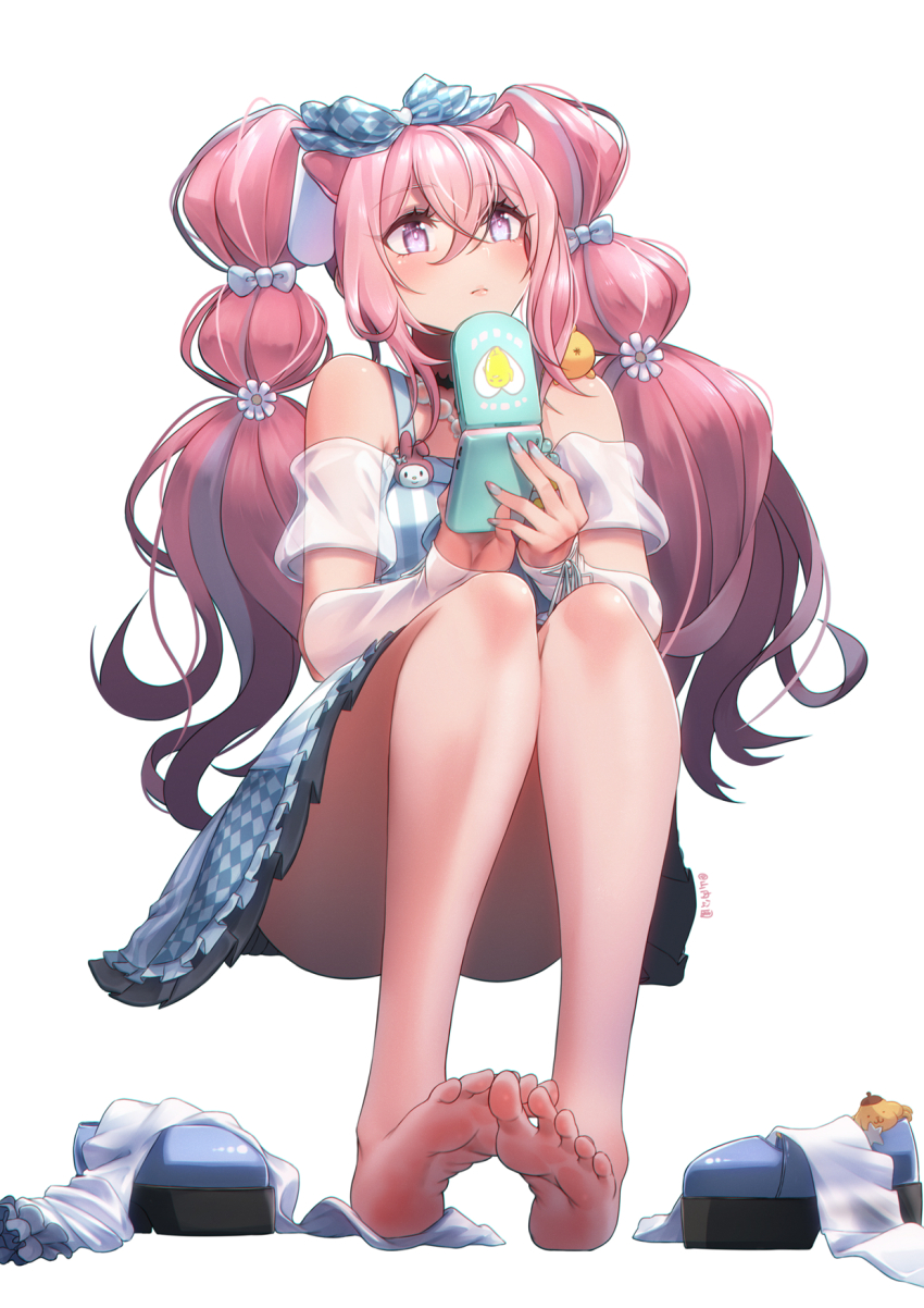 1girl animal_ears arknights bare_legs bare_shoulders blue_footwear blue_skirt blush cellphone convenient_leg flip_phone highres holding holding_phone long_hair miniskirt my_melody off-shoulder_shirt off_shoulder phone pink_hair purple_eyes sanrio shirt shoes short_sleeves simple_background sitting skirt solo twintails u-official_(arknights) u-official_(stream_above_the_clouds)_(arknights) unworn_shoes very_long_hair white_background white_shirt yamauchi_(conan-comy)